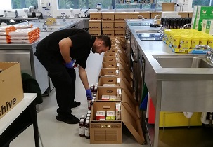 Person packing boxes with food